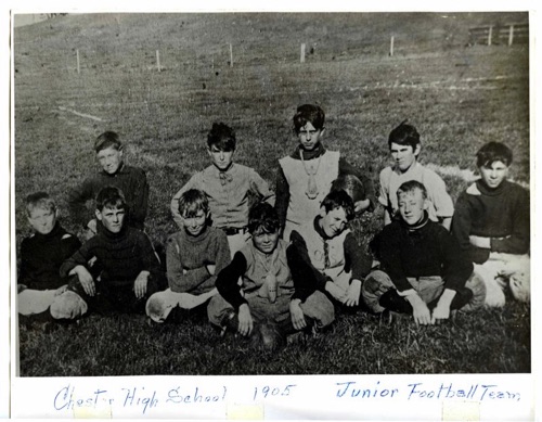Chester High School 1905 Junior Football Team. Front row - Left to right - Ross Miller - Joe Ariskie - Lester Razy - Sanford Durland - Art Kane - Armour Courtier - Gus Lippert  . Rear row- Left to right - Paul Schriver - Dick Smith - Dewitt Day - Joe McCoy . chs-004883